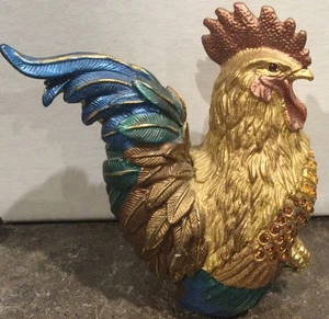 Vtg Rooster Enamel Pewter Trinket Box Jeweled W/ Swarovski Crystals Chicken Gift - Picture 1 of 6
