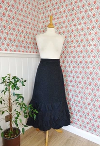 AMANO Charcoal grey 100% boiled Wool A-line ruffle long skirt size S - Picture 1 of 9