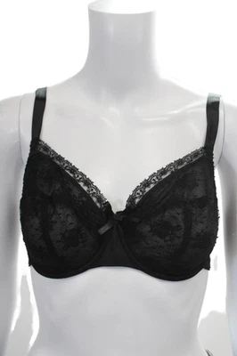 Fleur T Womens Silk Sheer Lace Trim Bow Accent Underwire Bra Black Size 30F - Image 1 of 4