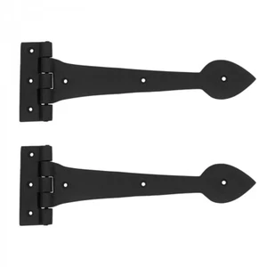 Large Black Wrought Iron Door Strap Hinge 12" L Heart Tip Design Pack of 2 - Picture 1 of 9