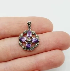 Vintage 925 Sterling silver pendant faceted purple rhinestone round marcasite - Picture 1 of 7