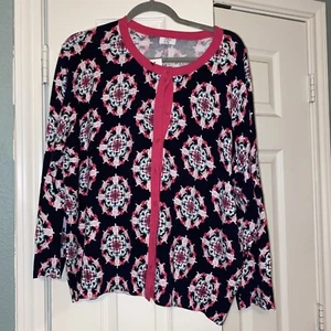 Crown Ivy Cardigan Sweater Button Front 3/4 Sleeves Navy Blue Pink Medallion 2x - Picture 1 of 5