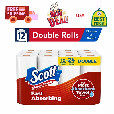 NEW Scott Paper Towels Bulk 24 Regular Rolls 12 Double Rolls White Fast Shipping