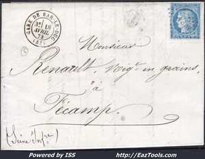 FRANCE N°60A SUR LETTRE AVEC AMB AVP1° + CAD GARE DE BAR LE DUC DU 18/04/1873 - Picture 1 of 2