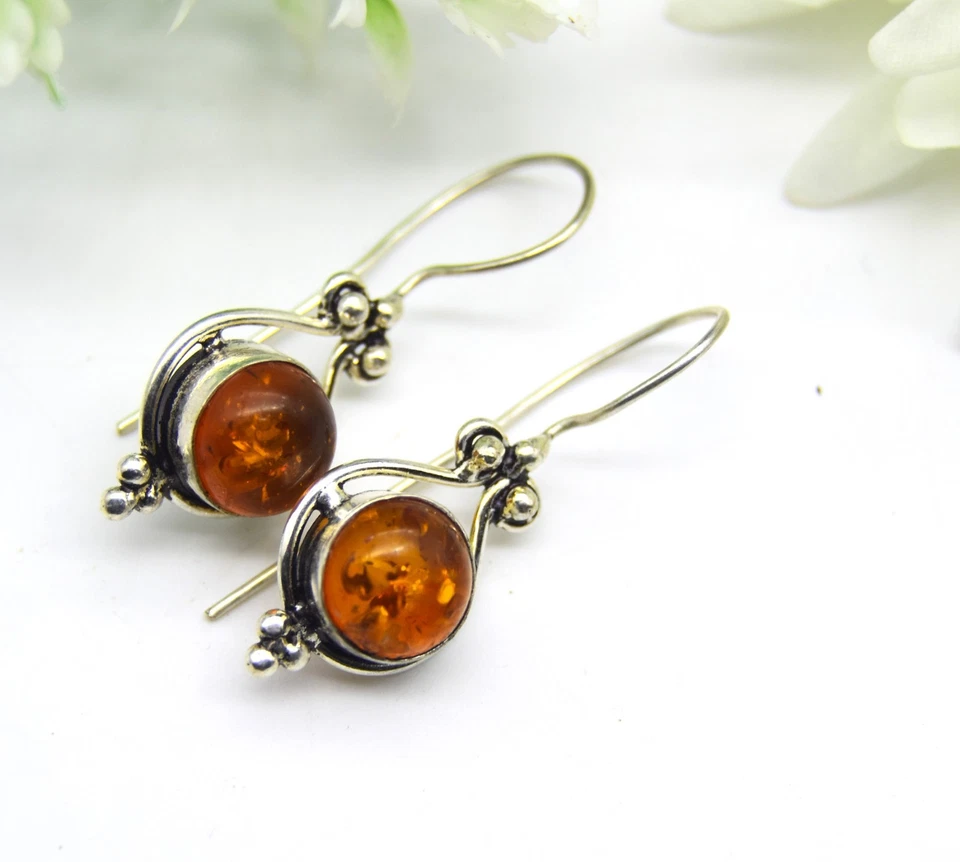 Baltic Amber Gemstone 925 Sterling Silver Jewelry Stud Earring Size-1.65" - Image 1 of 4