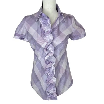 New York & Company Women’s Purple Short Sleeve Blouse Size Small Plaid Button Up - Image 1 of 4