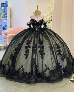 Black Quinceanera Dress Off Shoulder Appliques Beads Ball Gown Birthday Party - Picture 1 of 12