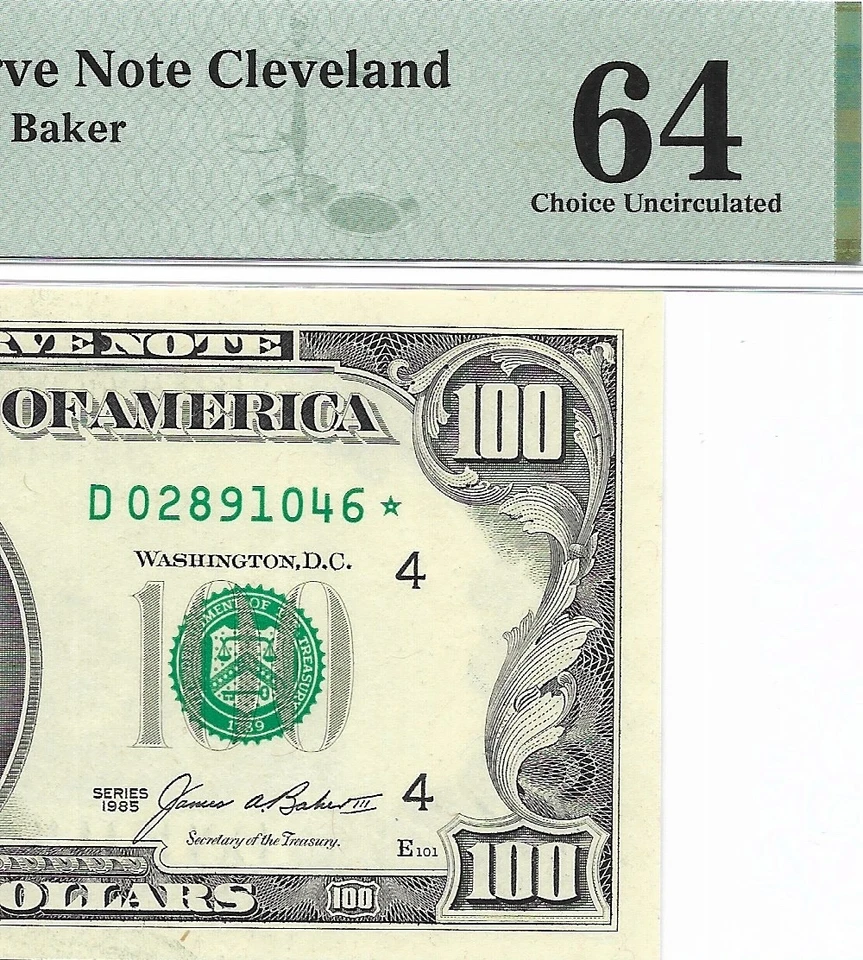 1985 $100 CLEVELAND * STAR * ⭐️ FRN. PMG Choice Uncirculated 64 Banknote - Image 1 of 3