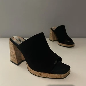 Black Suede Wedge Mule Cork Heel ZARA Shoes Size 4 (37) Peep Toe Summer Slide On - Picture 1 of 5
