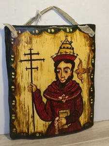 Artist Signed Tomas Painted Catholic Wood Wall Or Shelf Sign Plaque 5x4 In - Picture 1 of 5