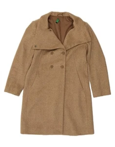 BENETTON Womens Double Breasted Coat IT 48 XL Beige Herringbone Wool BO01 - Picture 1 of 4