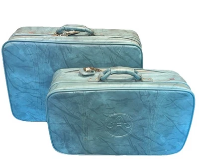 Vintage 1975 American Tourister Blue Soft Suitcase Duo Luggage With Keys - Image 1 of 4