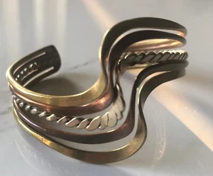 Cuff Bracelet Vintage Copper, Brass, Silver Twisted, Wave Design 2.25" D Metal - Picture 1 of 8