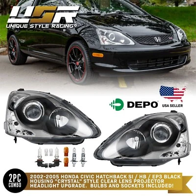 DEPO JDM Black Projector Headlight + Bulb For 2002-2005 Honda Civic 3D Si HB EP3 - Image 1 of 4