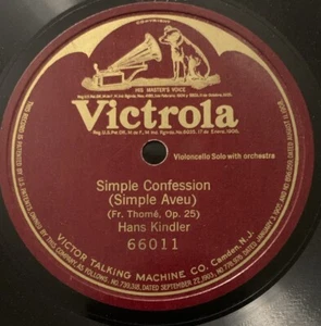 Hans Kindler - Simple Confession (Simple Aveu) - Single Sided Victrola 66011 EX - Picture 1 of 3