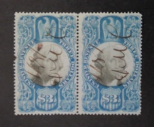 US Revenue Stamp R125 $3 Horiz Pair 1871 2nd Issue - Picture 1 of 2