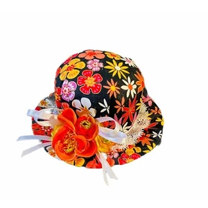 #3353 Hand Made hat pincushion, orange floral print fabric, 6 1/2 base, 3 x 4 t - Picture 1 of 7