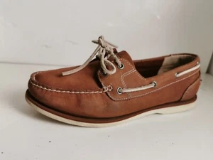 TIMBERLAND EK UK 7 EU 40 WOMENS TAN BROWN LEATHER MOCCASIN 2-EYELET FLAT SHOES - Picture 1 of 17