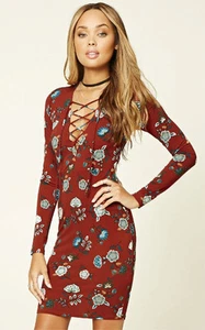 VESTIDO Rust Aqua talla M con cordones escote en V patrón floral - Imagen 1 de 1