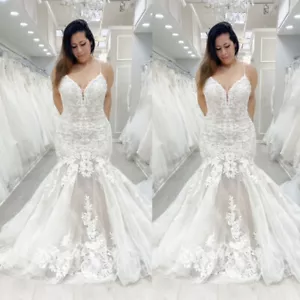 Beach Mermaid Wedding Dresses with Spaghetti Straps Lace Appliques Bridal Gowns - Picture 1 of 10