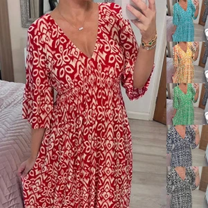 Damen V-Ausschnitt Floral Langes Kleid Urlaub Sommer Plus Size Strandkleider - Bild 1 von 15