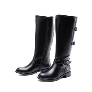 Women's Knee-High Boots Low Block Heel Retro Chic Faux Leather Riding Boots - Picture 1 of 17