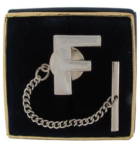 Initial Letter "F" Silver Tone Tie Tack Tac Mens Boxed 1/2" - Picture 1 of 3