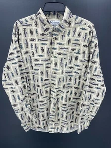 Camisa Columbia Para Hombres Mediana Marrón Estampado de Peces Manga Larga Abotonada Exterior Informal - Imagen 1 de 6