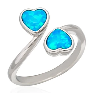 Double Heart Blue Fire Opal Silver Jewelry Women Wrap Bypass Ring Size Fit 7 8 9 - Picture 1 of 6