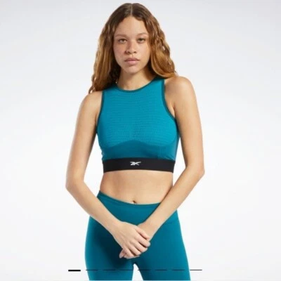 NUEVO Top corto Reebok para mujer perforado deportivo entrenamiento gimnasio malla verde azulado talla L Foto 1 de 4