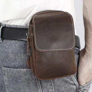 Men Genuine Leather Cell Phone Pouch Belt Loop Bag Holster Waist Bag Fanny Pack - Picture 1 of 13