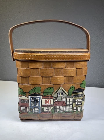 Vtg Woven Lined Basket PURSE Sewing Knitting HandPainted Handle Outdoor Traders Cover