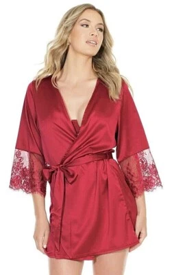 Bata de satén elástica para mujer con manga de encaje y cinturón extraíble rojo Merlot talla única Foto 1 de 4