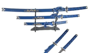 3pc Sword Set BLUE DRAGON Design With Stand In Japanese Style - Picture 1 of 1