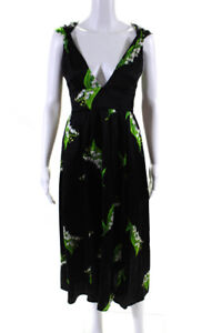 Cynthia Rowley Womens Silk Floral Print V Neck A Line Dress Black Green Size 4