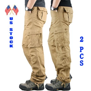 Men's Casual Cargo Pants Combat Work Pants Work Pants 6 and 8 Pocket Two pairs - Picture 1 of 36