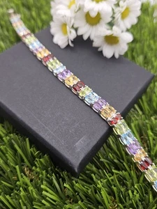 Sterling Silver Multi-Gem Tennis Bracelet. Hallmarked. - Picture 1 of 12