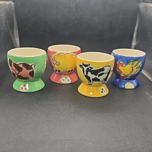 4 Hand Painted Ceramic Farm Animal Egg Cups Set Pig Cow Chicken Sheep Country - Picture 1 of 22