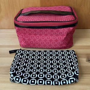 Lancome Red/Black Wrap Around Zip Train Case Cosmetic Travel Makeup Bag w/ Pouch - Picture 1 of 9