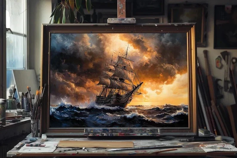 Stormy Seas Oil Painting – Dramatic Tall Ship Art on Canvas, Made to Order - Image 1 of 1