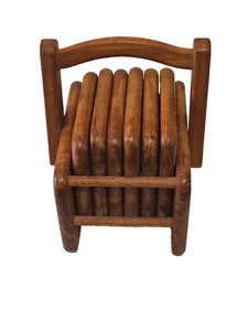 Vintage Teak Wood Coasters Set of 6 with Holder Brown Mid Century Modern MCM - Picture 1 of 24