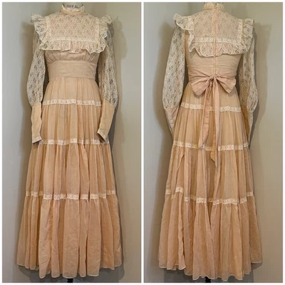 VTG 70s Gunne Sax Prairie Dress Maxi Lace Blush Formal Prom Homecoming Sz 9 - Image 1 of 4