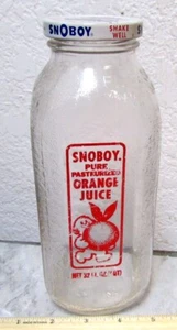 Vintage Snoboy leere 32 Unzen Orangensaft strukturierte Glasflasche, tolle Grafik - Bild 1 von 4