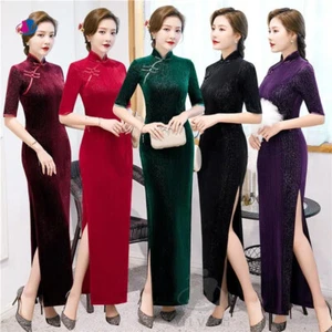 Vintage Women Velvet Dress Slim Long Cheongsam Half Sleeve Prom Qipao Party - Picture 1 of 15