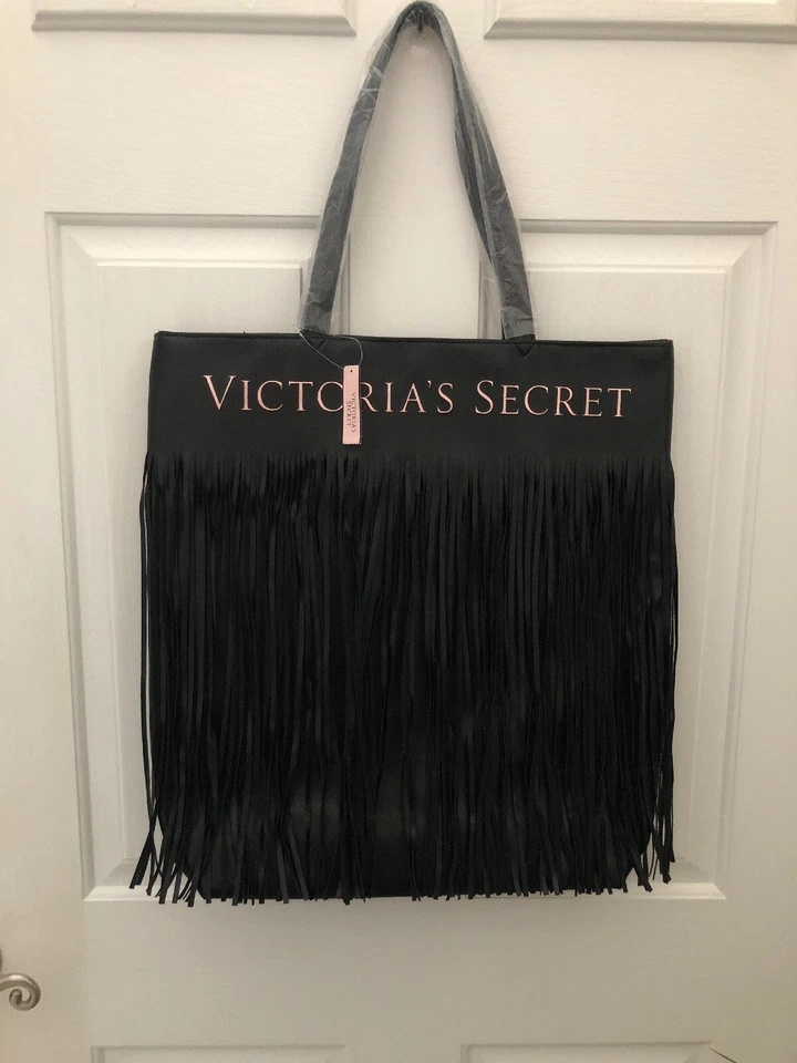 Victoria's Secret Black Faux Leather Fringe Tote Pink Spellout