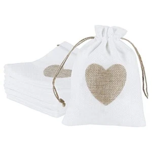 20 Pieces Burlap Bags, 5x7 Inch Drawstring Gift Bags with Heart Hessian white - Picture 1 of 7