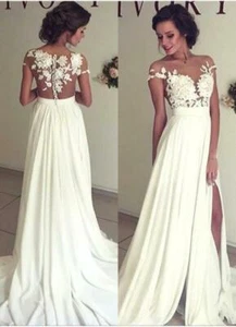 Womens White Ivory Lace Wedding Maxi Dress Beach Bridal Gown A-line Gown Dress - Picture 1 of 9