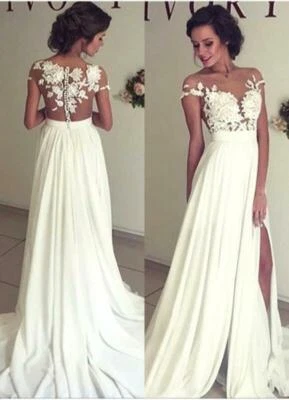 Womens White Ivory Lace Wedding Maxi Dress Beach Bridal Gown A-line Gown Dress - Image 1 of 4