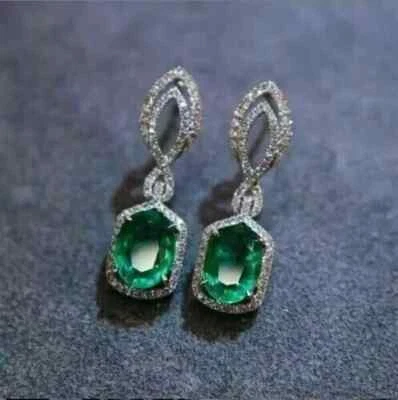 2.50Ct Oval Cut Lab Created Emerald Drop Dangle Earrings 14K White Gold Plated - Image 1 of 4