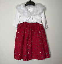 Red White Girl's Size 5 Sequin Formal Holiday Dress Fur Shawl 2 Piece Set